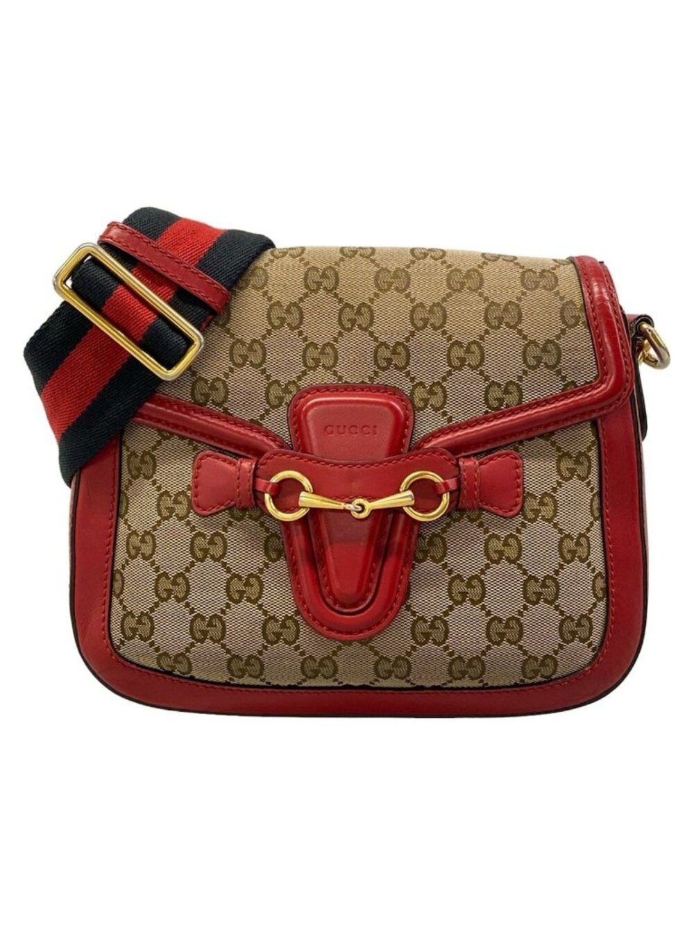 Gucci Shoulder Bag Horsebit Beige Dark Brown Red Leather